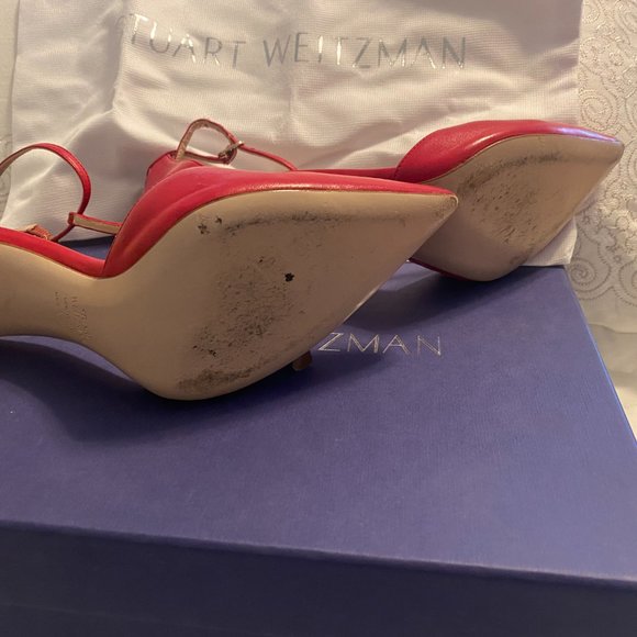 Stuart Weitzman Amity Lipstick Red Pointed Toe T Strap Heels 7M - Picture 5 of 5